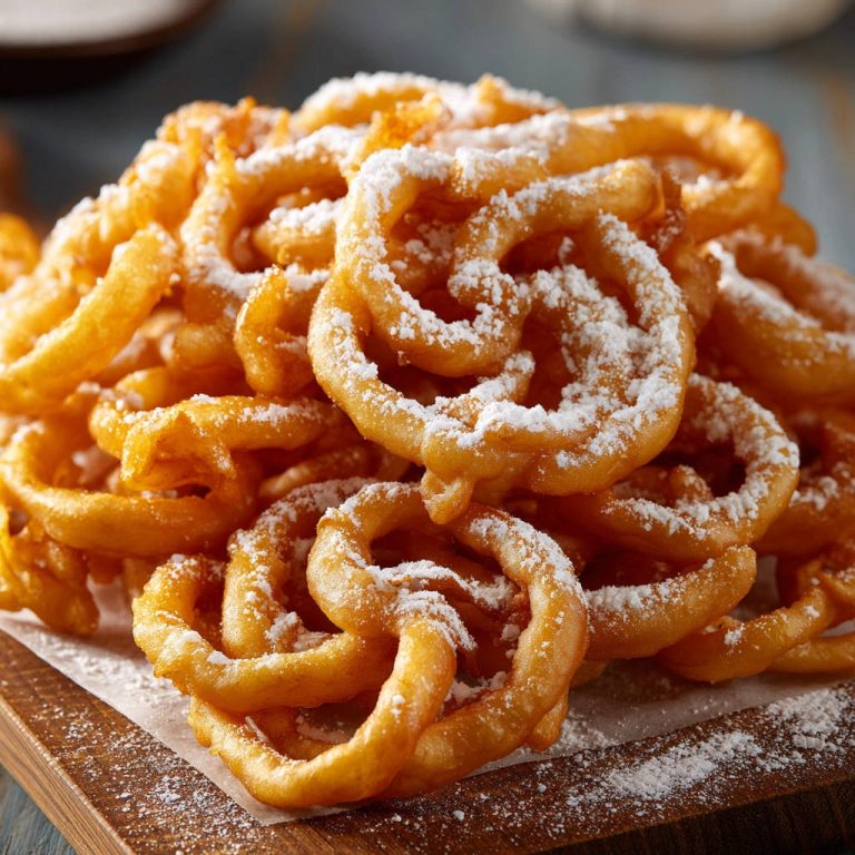 Fettgebäck-Spiralen als Nahaufnahme mit Puderzucker bestäubt, die knusprige Textur ist deutlich sichtbar.