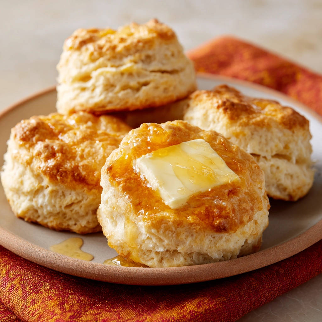 Fluffige Buttermilch-Biscuits als Nahaufnahme mit Butter und Honig übergossen, die auf einem Teller serviert werden.