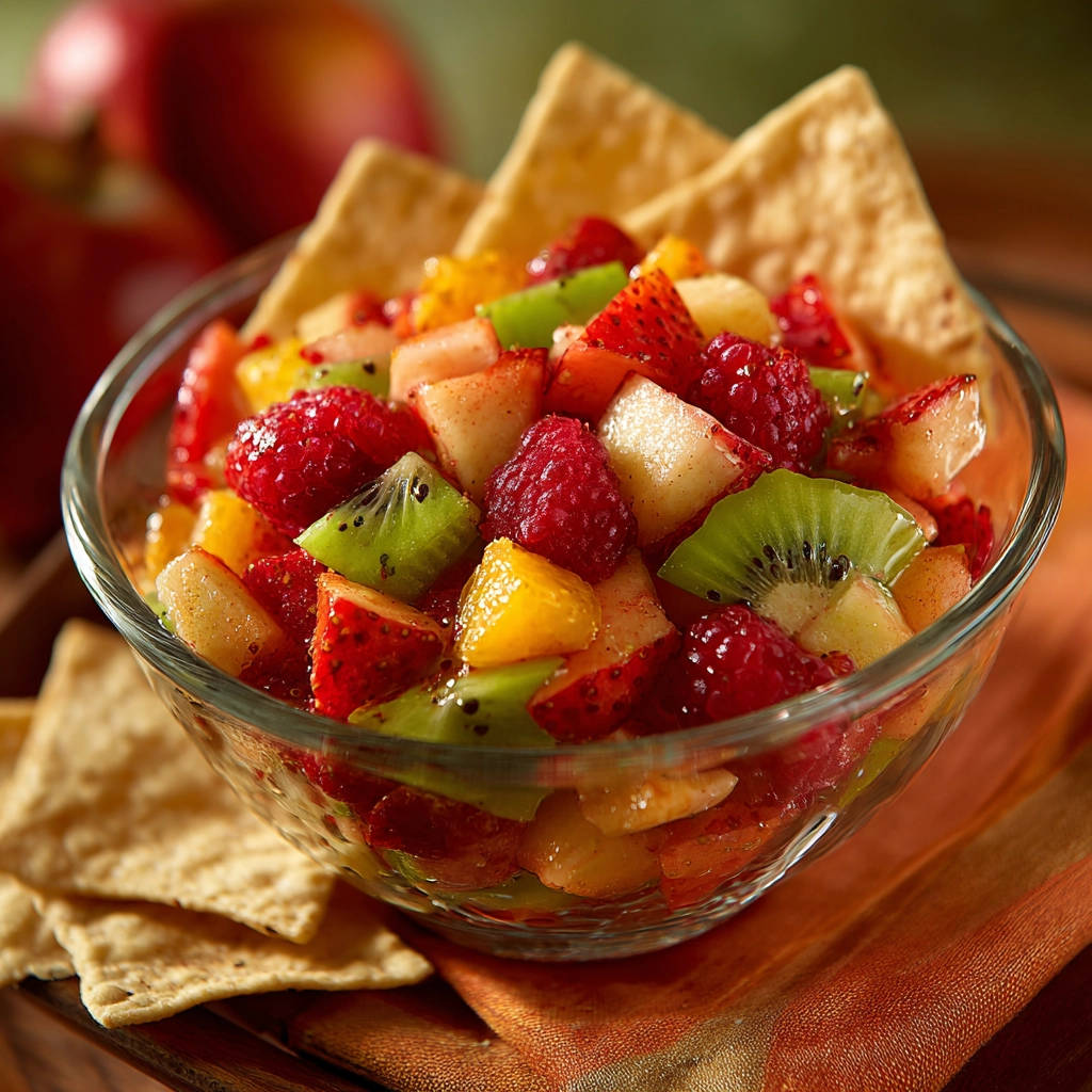 Frucht-Salsa mit Chili-Kick in einer Glasschüssel, Nahaufnahme mit Tortilla-Chips und frischen Früchten.