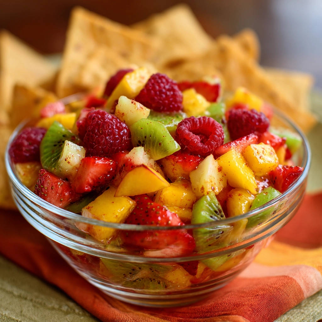 Frucht-Salsa mit Chili-Kick in einer Glasschüssel serviert mit Tortilla-Chips im Hintergrund