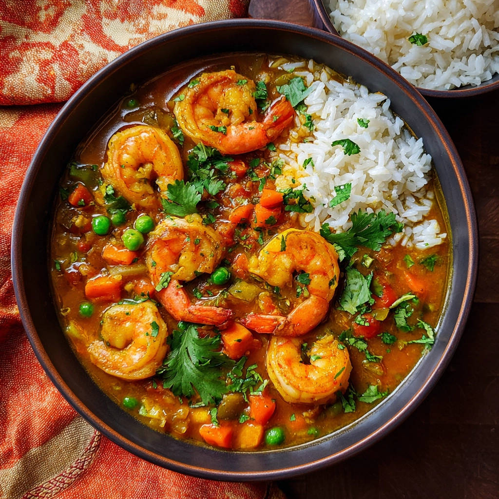 Garnelen Curry mit Reis von oben in einer Schüssel mit frischem Koriander garniert und daneben eine Portion Reis