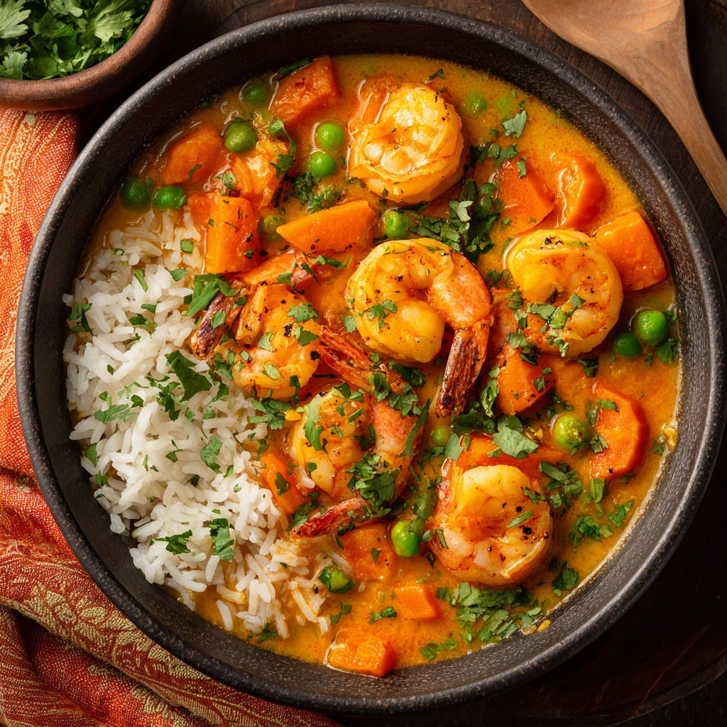 Garnelen Curry mit Reis als Nahaufnahme mit Süßkartoffeln, Erbsen und frischer Petersilie garniert