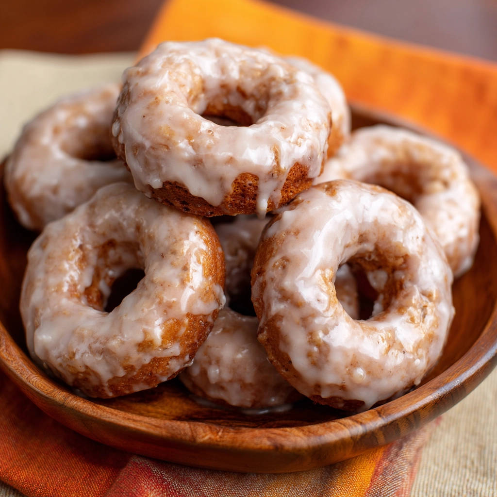 Gebackene Bananen-Donuts mit einer glänzenden, tropfenden Glasur, detailreich in einer Holzschale arrangiert.