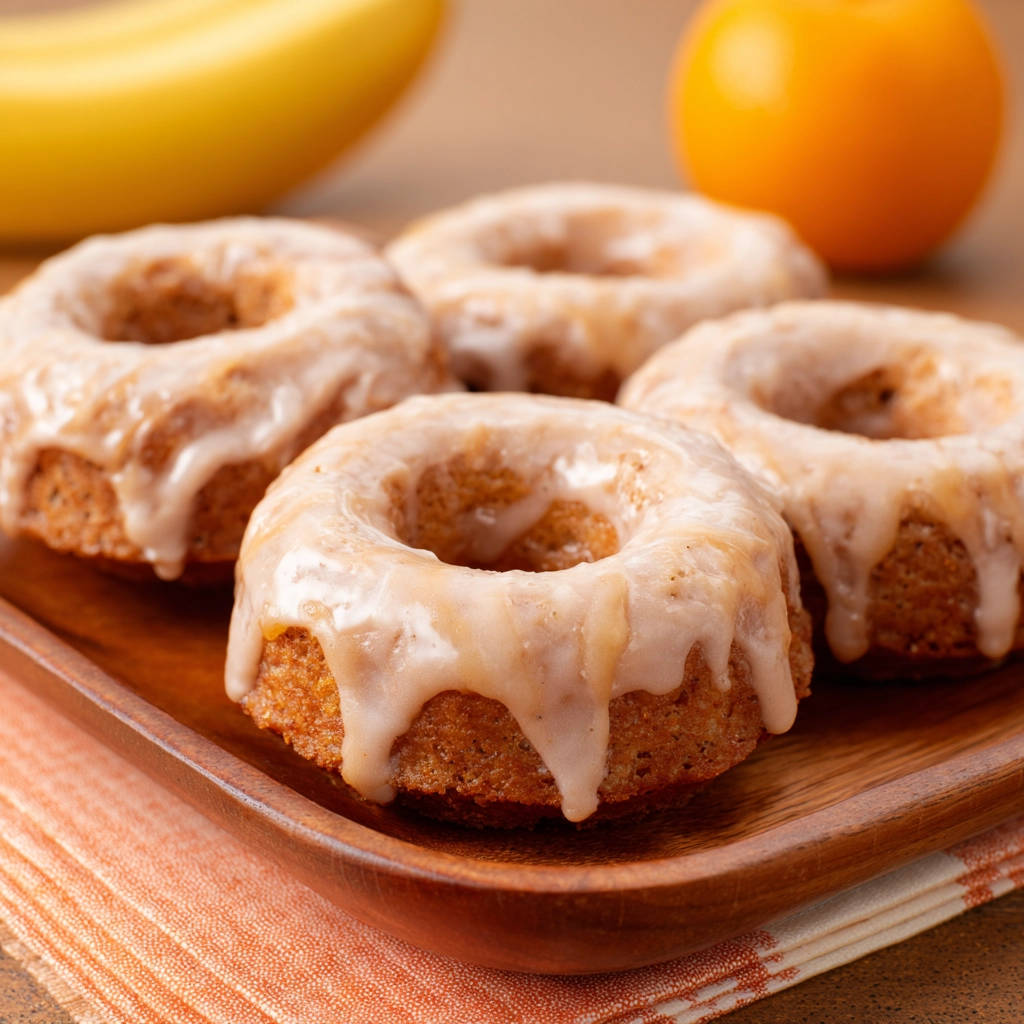 Gebackene Bananen-Donuts mit detailreicher, tropfender Glasur auf einem Holztablett serviert