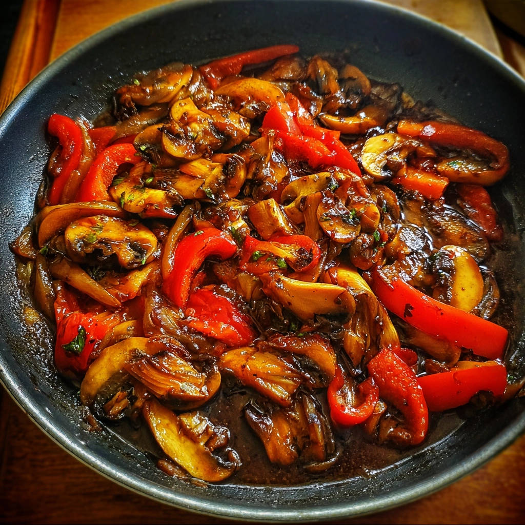 Gebratene Champignons und Paprika in einer Pfanne, eine Nahaufnahme der glänzenden, karamellisierten Gemüsestücke.