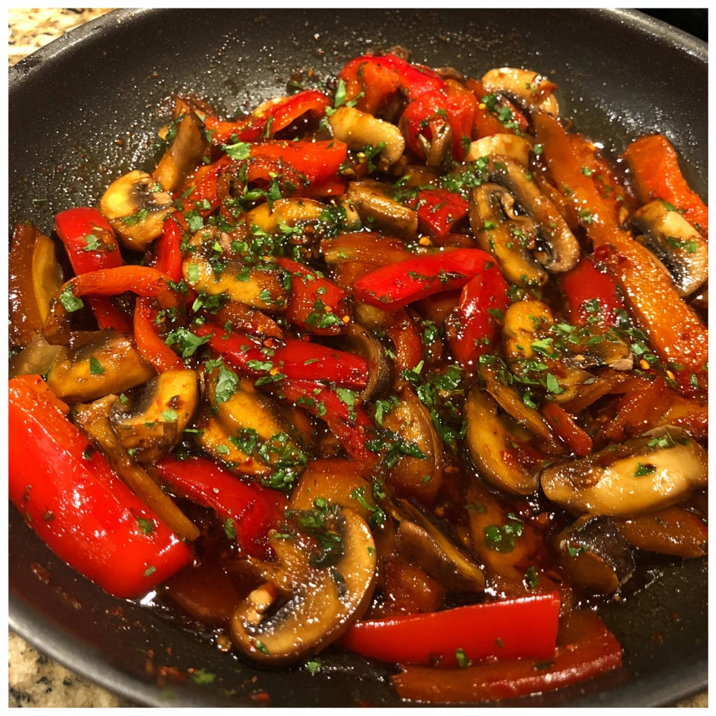 Gebratene Champignons und Paprika, eine Nahaufnahme des glänzenden, mit Kräutern garnierten Pfannengerichts in einer schwarzen Pfanne.