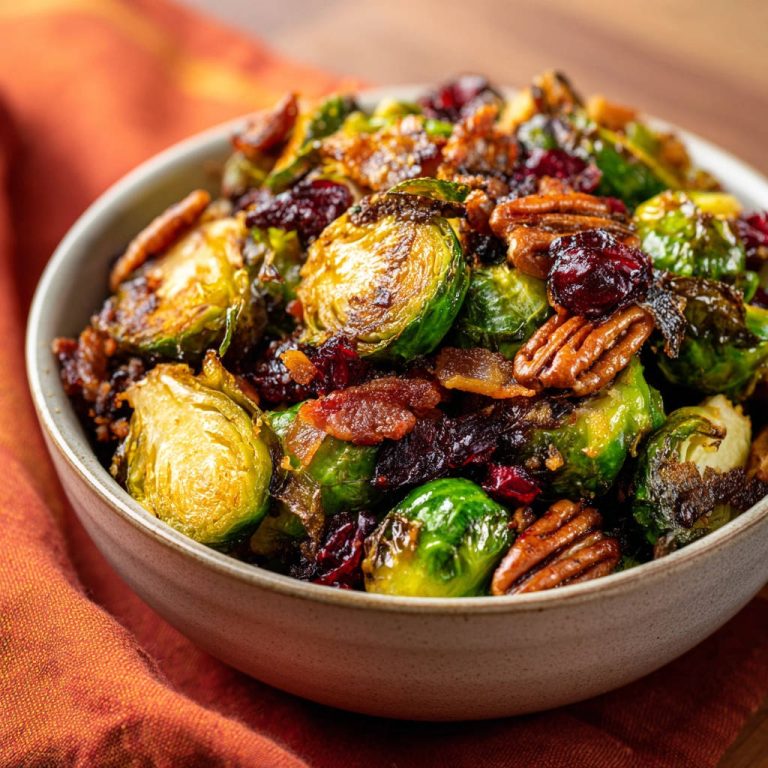 Gebratener Rosenkohl mit Speck, Cranberries und Pekannüssen als detailreiche Nahaufnahme in einer Schüssel.