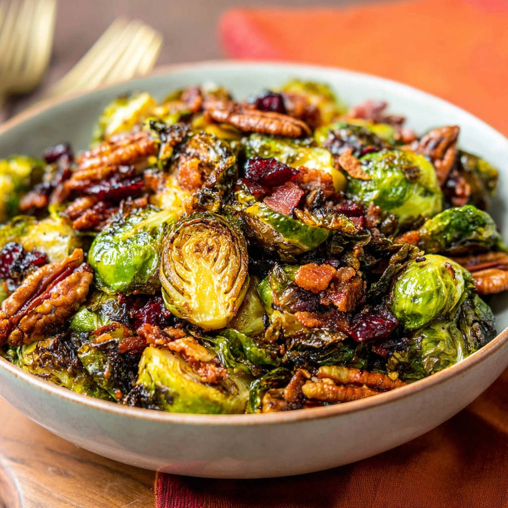 Gebratener Rosenkohl mit Speck, Cranberries und Pekannüssen, ein angeschnittener Röschen zeigt die Textur von innen.