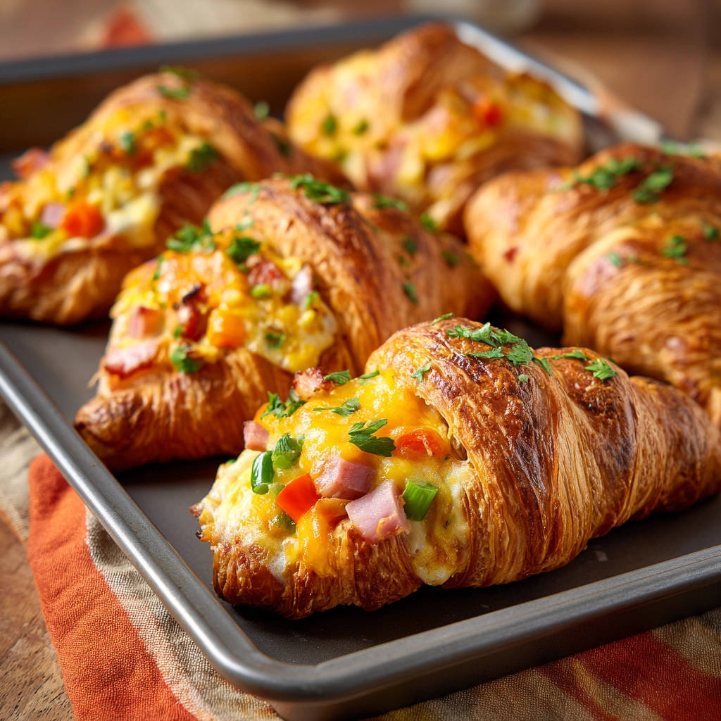 Gefüllte Croissants mit Ei und Schinken, nahaufnahme einer einzelnen Köstlichkeit, garniert mit frischer Petersilie und geschmolzenem Käse.