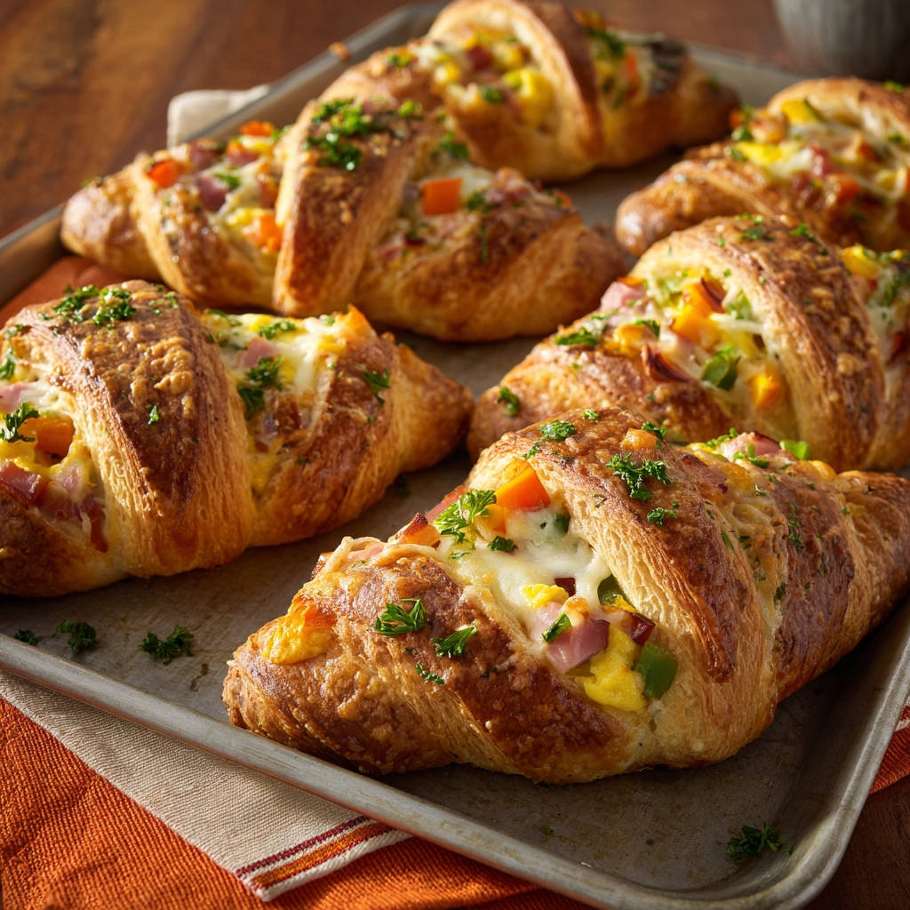 Gefüllte Croissants mit Ei und Schinken, eine Nahaufnahme zeigt den knusprigen Teig mit herzhafter Füllung.