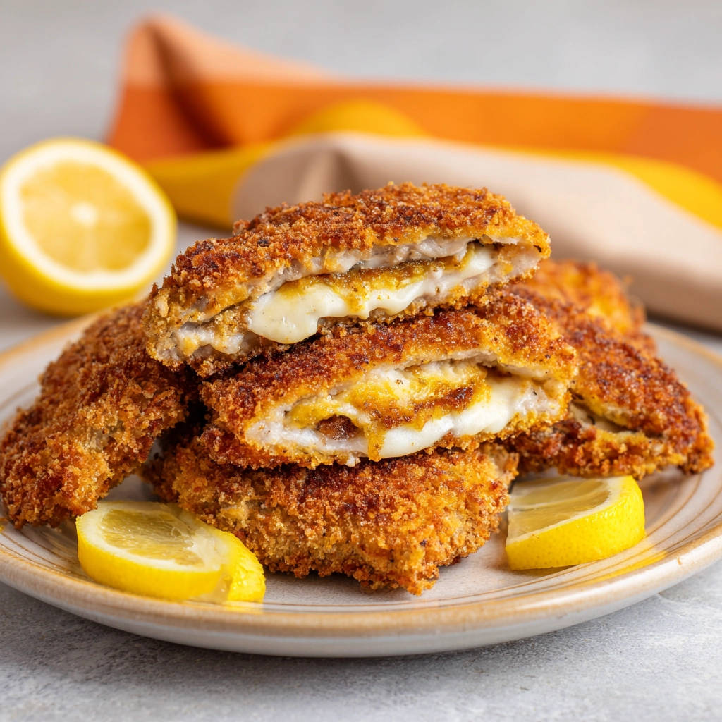 Gefüllte Hähnchen-Nuggets angeschnitten, die den geschmolzenen Käse im Inneren und Zitronenscheiben auf dem Teller zeigen.