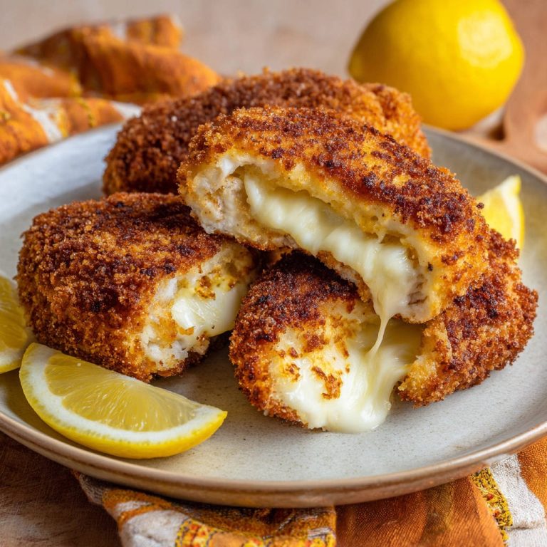 Gefüllte Hähnchen-Nuggets mit geschmolzenem Käse im Anschnitt, serviert mit Zitronenspalten auf einem Teller.