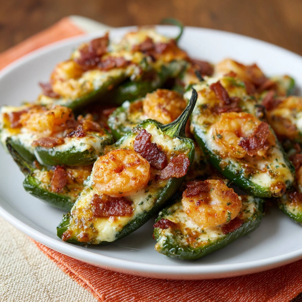 Gefüllte Jalapeños Garnelen Speck als Nahaufnahme mit geschmolzenem Käse und knusprigem Speck.