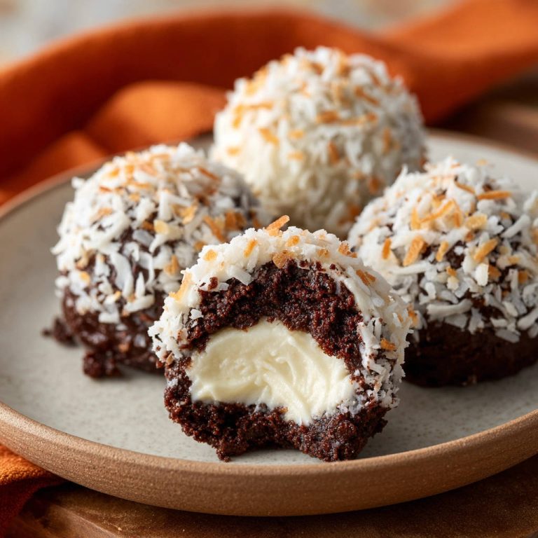 Gefüllte Schokokugeln mit Kokos angeschnitten, die cremige Füllung und den dunklen Schokoladenkuchen zeigen.