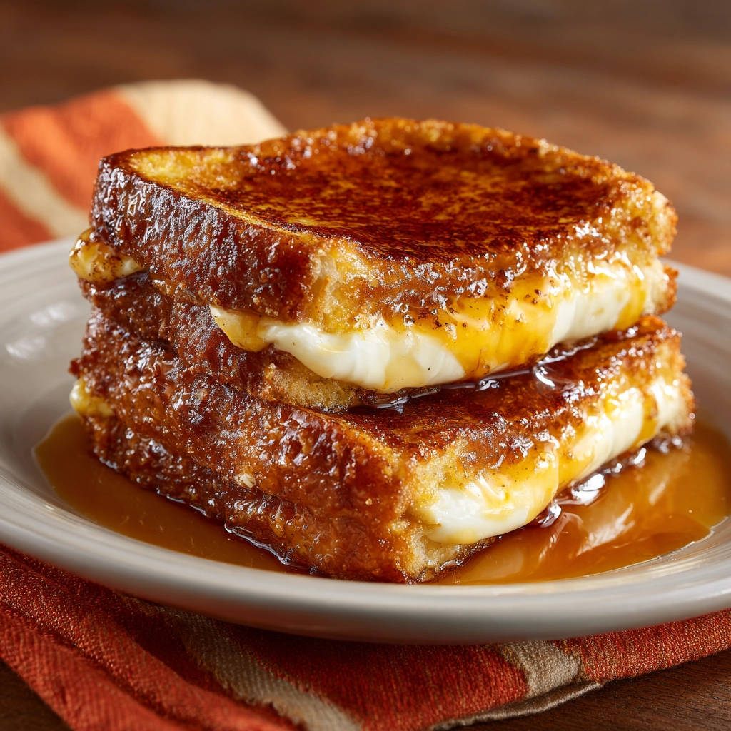 Gefüllter French Toast wird gestapelt auf einem Teller mit Sirup serviert, eine Nahaufnahme der geschmolzenen Füllung.