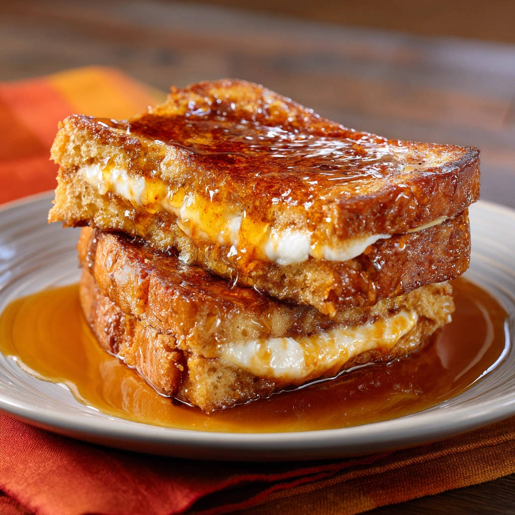 Gefüllter French Toast im Anschnitt mit geschmolzener Cremefüllung und Ahornsirup auf einem Teller serviert.