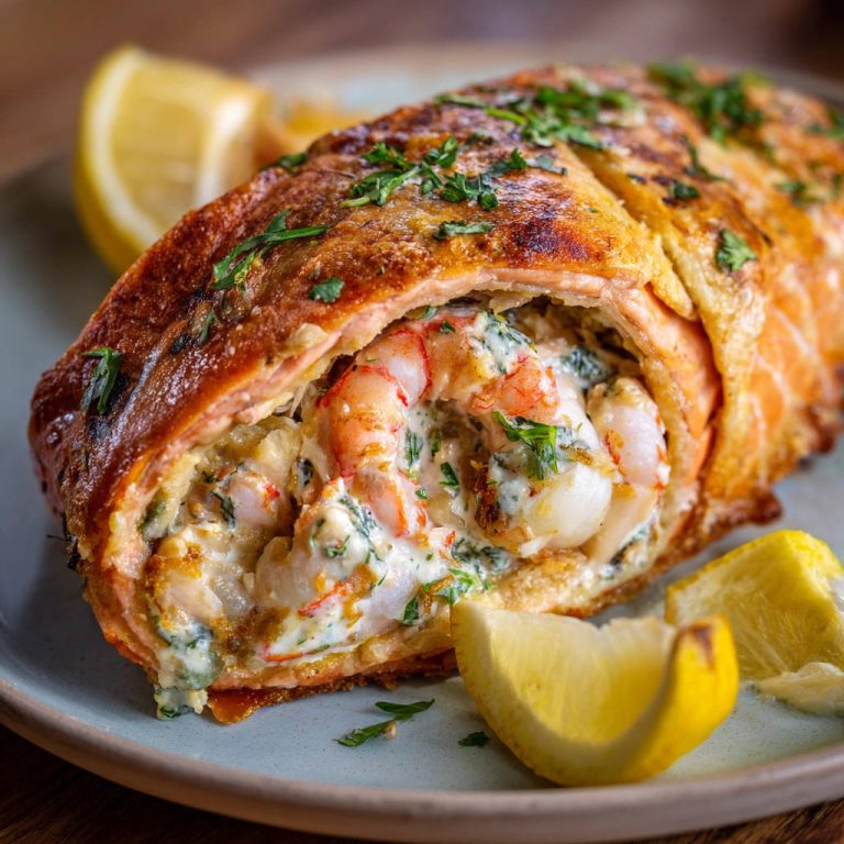 Gefüllter Lachs Wickel im Querschnitt zeigt die cremige Füllung aus Garnelen und Spinat, garniert mit Petersilie und Zitronenspalten.