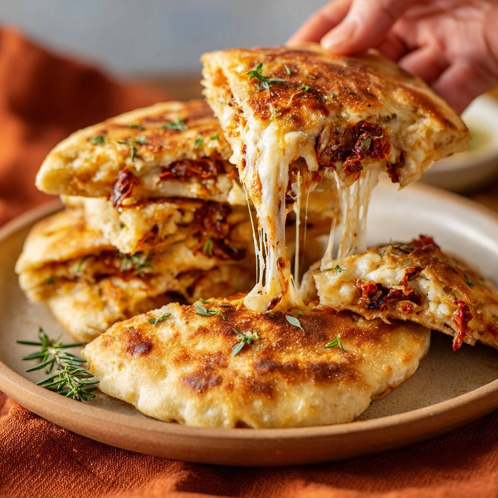 Gefülltes Fladenbrot mit Käse und Tomaten, bei dem der geschmolzene Käse Fäden zieht, wenn es auseinandergezogen wird.