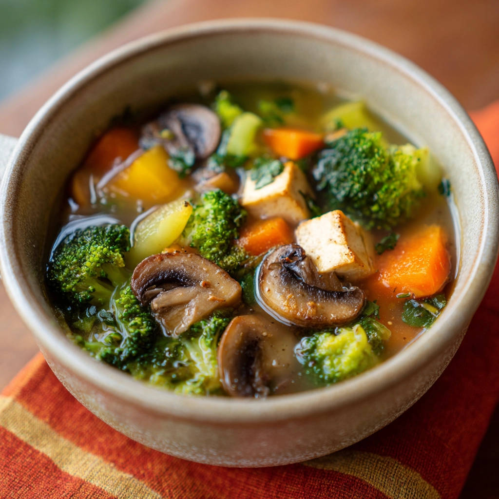 Schnelle Gemüse-Tofu-Suppe als Nahaufnahme mit sichtbarem Brokkoli, Pilzen, Karotten und Tofuwürfeln in einer Schüssel.