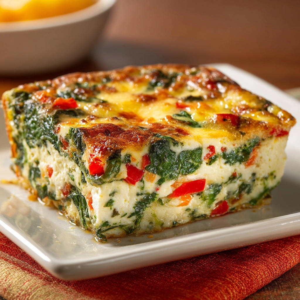 Geschichteter Eier-Auflauf mit Spinat und Paprika, gezeigt als saftiger Querschnitt mit sichtbaren Gemüsestücken.
