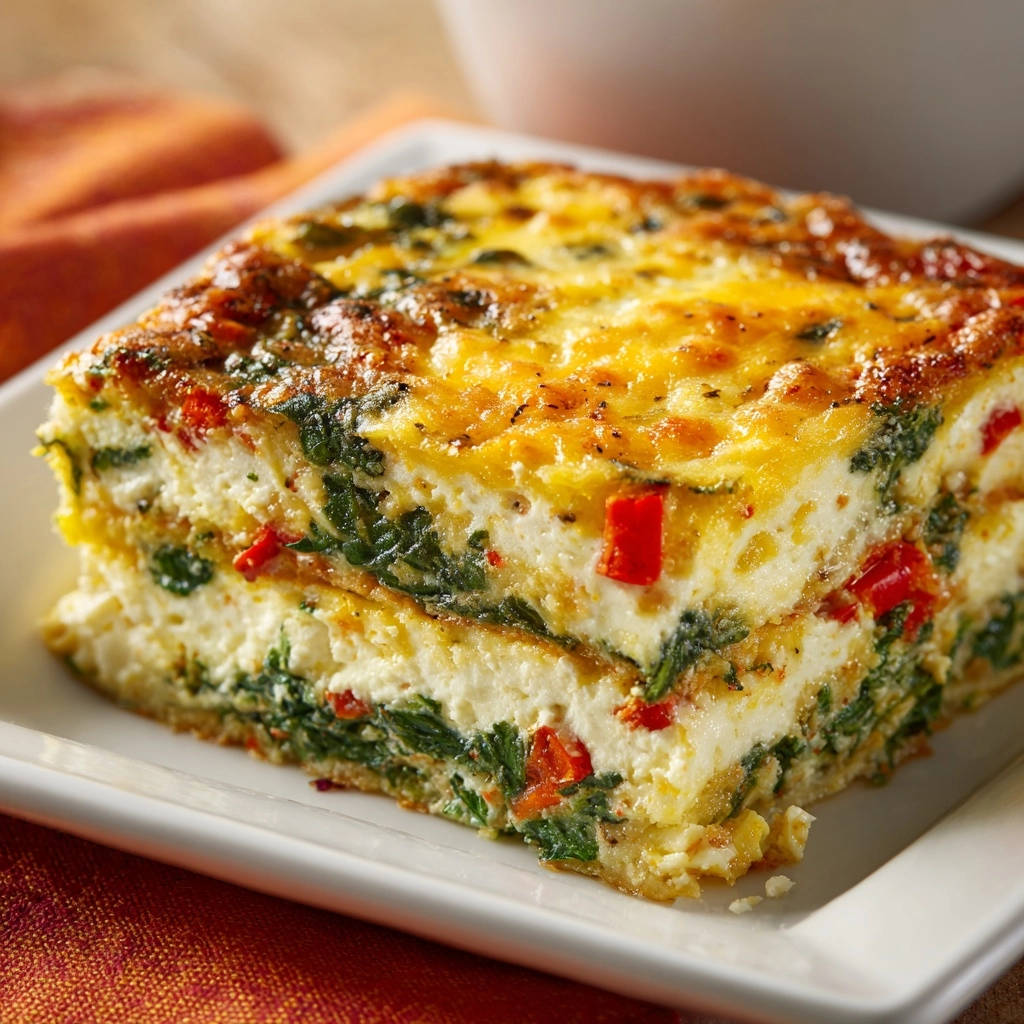 Geschichteter Eier-Auflauf mit Spinat und Paprika, gezeigt im saftigen Querschnitt mit deutlichen Lagen von Ei, Spinat und roten Paprikastücken.