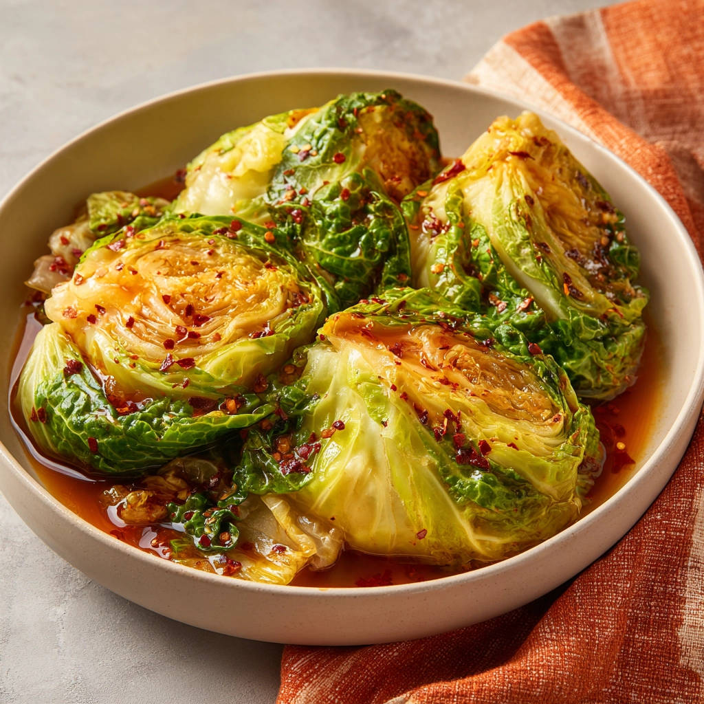 Geschmorter Spitzkohl mit würziger Sauce, nah aufgenommen mit roten Chiliflocken bestreut und in einer Schüssel serviert.