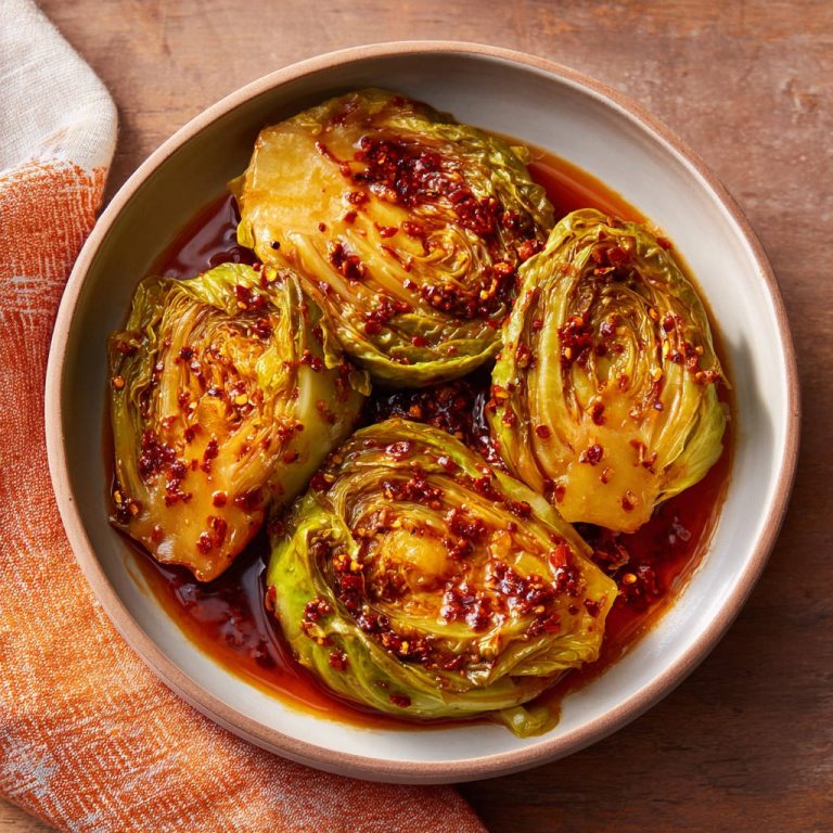 Geschmorter Spitzkohl mit Würziger Sauce wird in einer Schüssel mit einer Nahaufnahme der glasierten Oberflächen serviert.