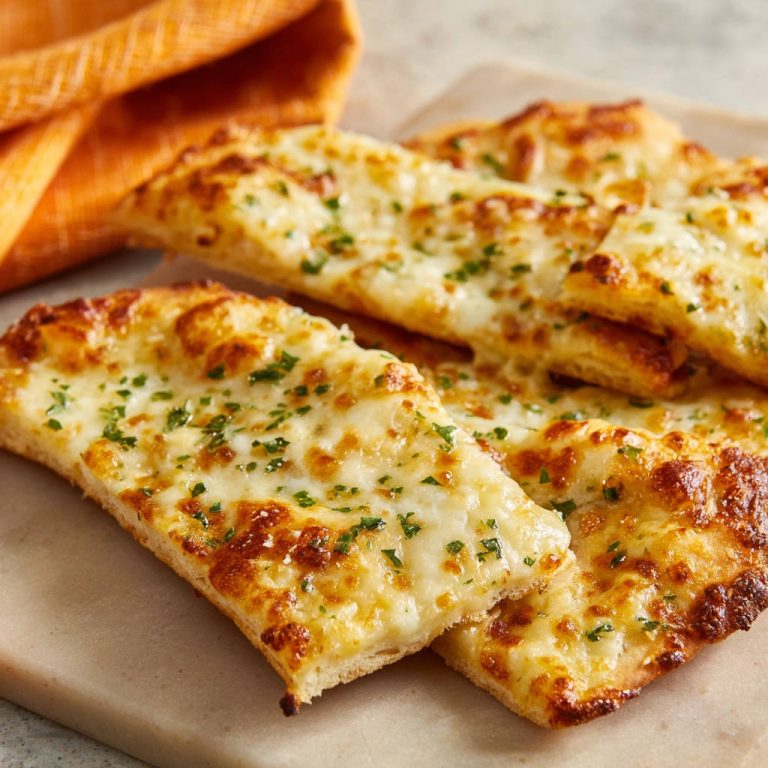 Goldbraunes Käse-Knoblauch-Brot, hier als Nahaufnahme mit geschmolzenem Käse und gehackter Petersilie.