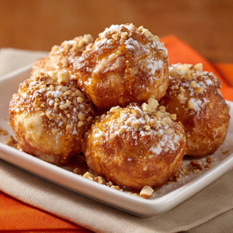 Goldene Teigbällchen, knusprig gebacken und mit Puderzucker, Honig und gehackten Nüssen garniert.