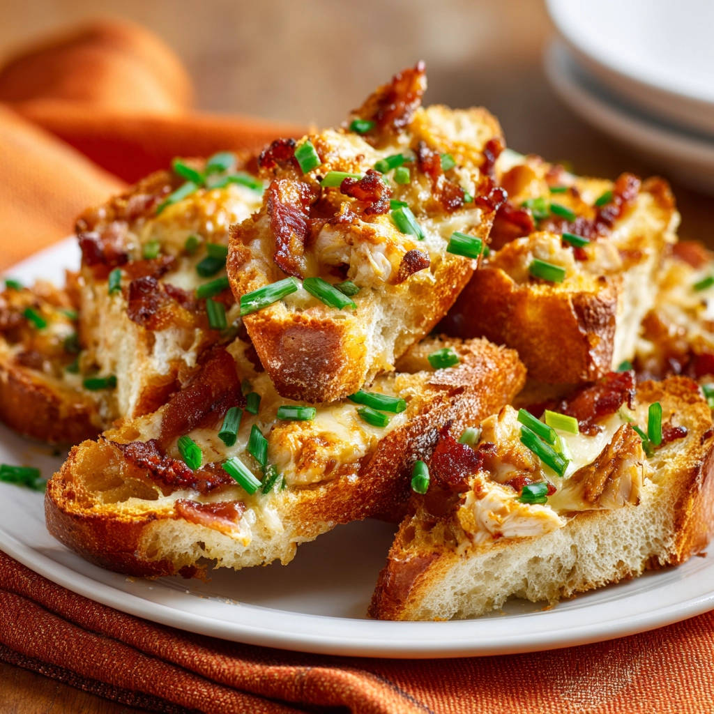 Hähnchen-Käse-Baguettes mit Speck, garniert mit Schnittlauch und nah aufgenommen auf einem Teller.