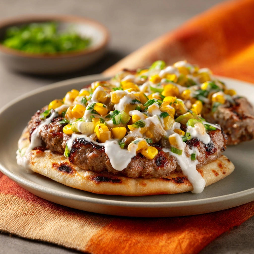 Saftige Hackfleisch-Patties auf Fladenbrot mit Mais-Topping und cremiger Sauce, nahaufnahme
