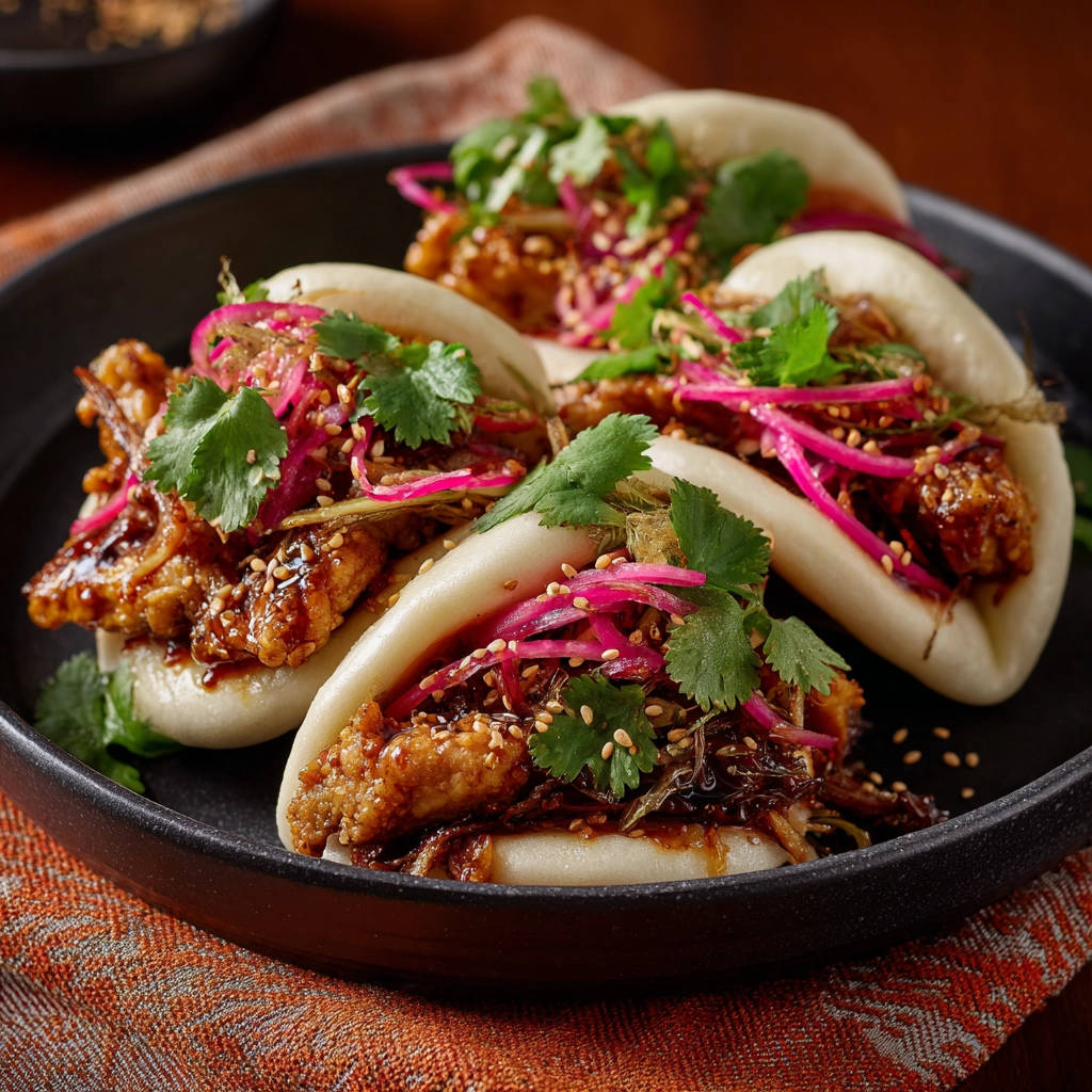 Hähnchen Bao Buns mit eingelegten roten Zwiebeln und Koriander, nahaufnahme der garnierten Füllung
