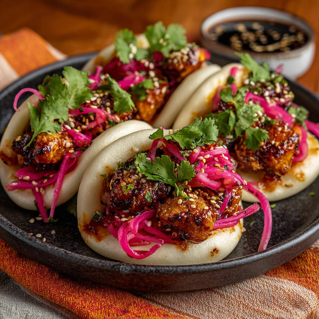Hähnchen Bao Buns auf einem Teller, knusprig und lecker mit eingelegten roten Zwiebeln und Koriander garniert.