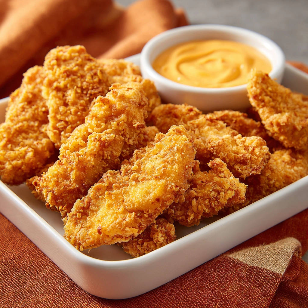 Hähnchen-Crispy-Strips mit cremiger Käsesauce, serviert in einer weißen Schale auf rustikalem Stoff.