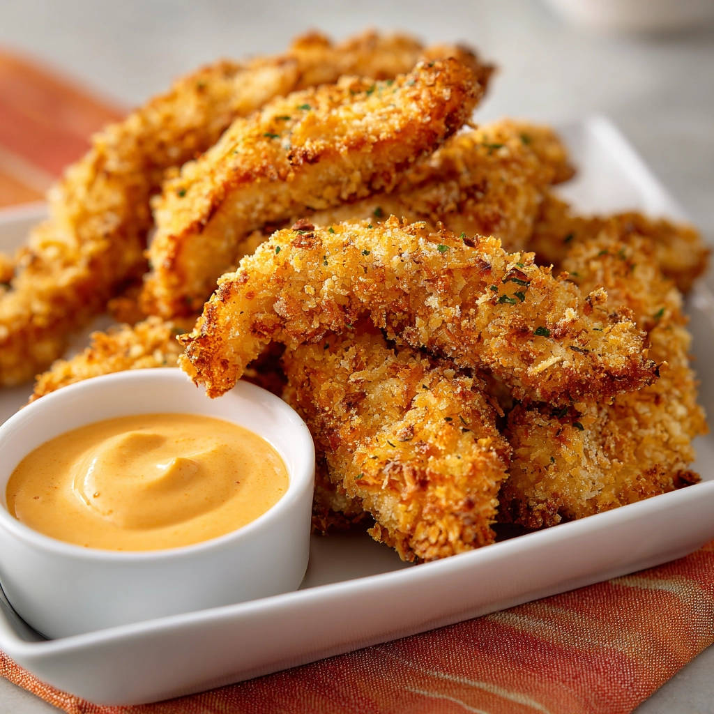 Hähnchen-Crispy-Strips nahaufnahme mit einem kleinen Schälchen Dip auf einem Teller mit gemustertem Tuch.
