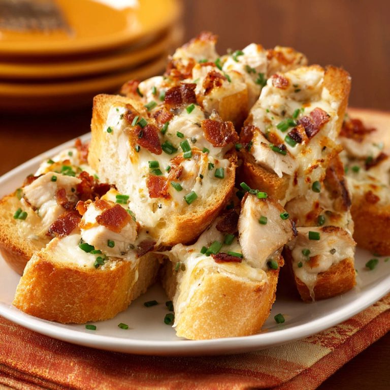 Hähnchen-Käse-Baguettes mit Speck, knusprig und cremig, garniert mit frischen Kräutern und Speckstücken auf einem Teller.