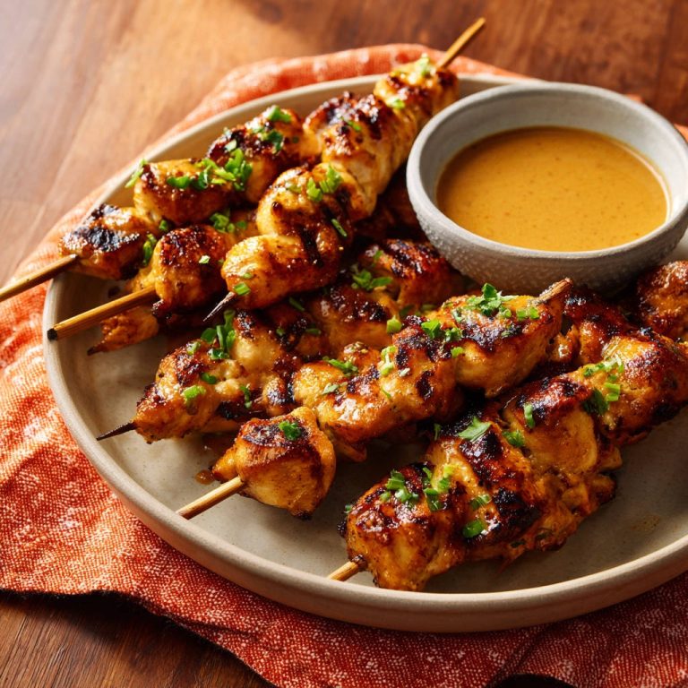 Hähnchen Satay Spieße mit Erdnusssauce auf einem Teller mit frischen Kräutern garniert und einer Schale Dip daneben.