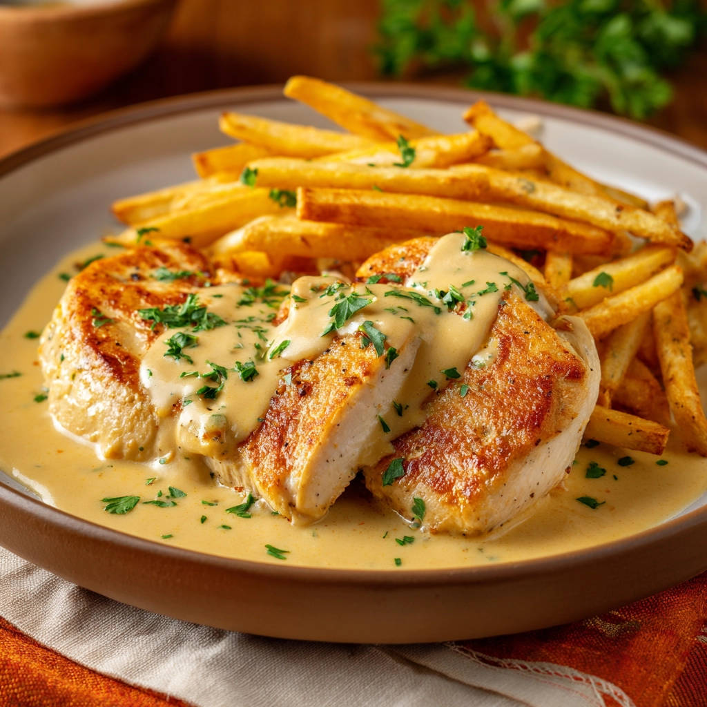 Hähnchenbrust in Cremesauce, angeschnitten und mit Pommes Frites serviert, mit gehackter Petersilie garniert.