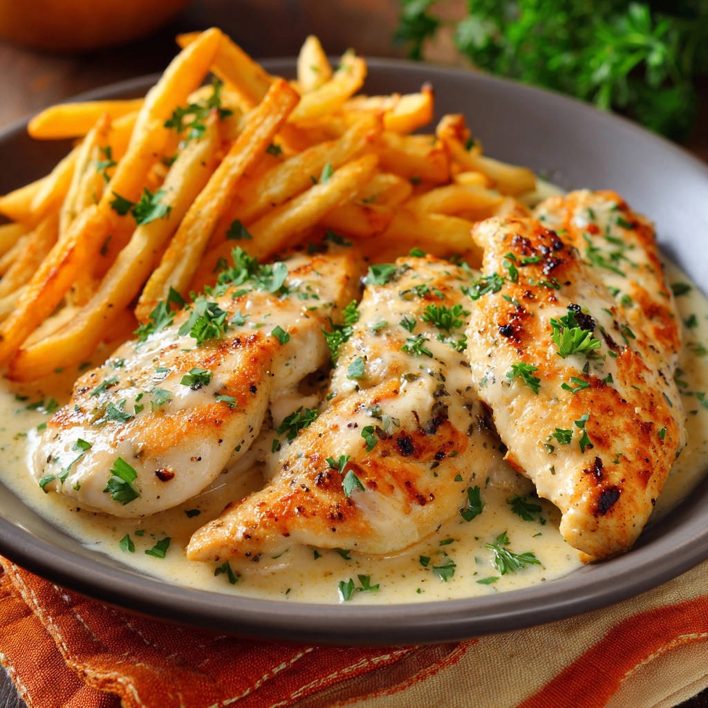 Hähnchenbrust in Cremesauce nahaufnahme mit vielen Pommes Frites und frischer Petersilie garniert auf einem Teller serviert