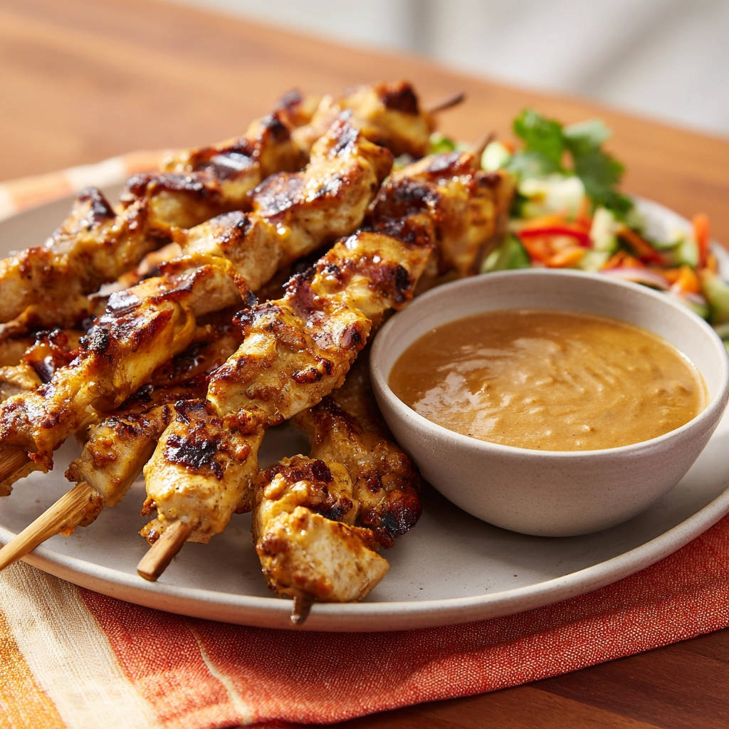 Hähnchen Satay Spieße mit Erdnußsauce und einem kleinen Salat, nah aufgenommen auf einem Teller.