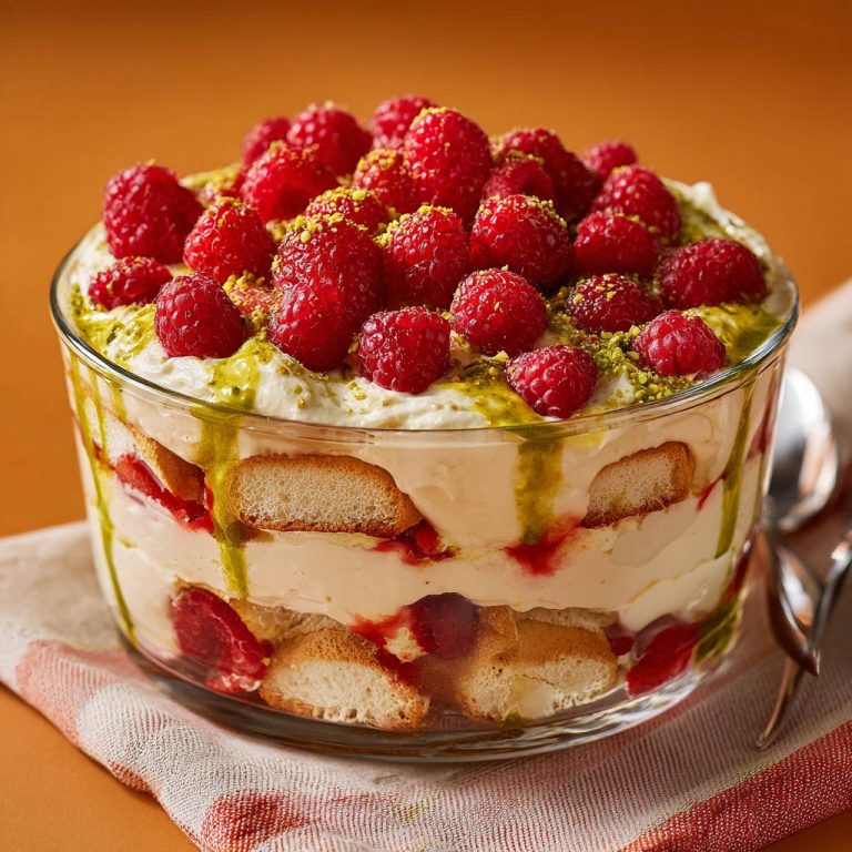 Himbeer-Pistazien-Schichtdessert im Glas angeschnitten mit Löffelbiskuits und Himbeeren