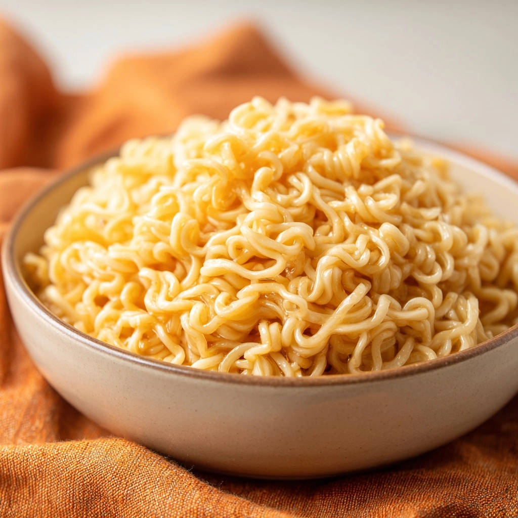 Einfache Instant Ramen in einer Schüssel, Nahaufnahme der gekochten Nudeln auf einem orangen Tuch