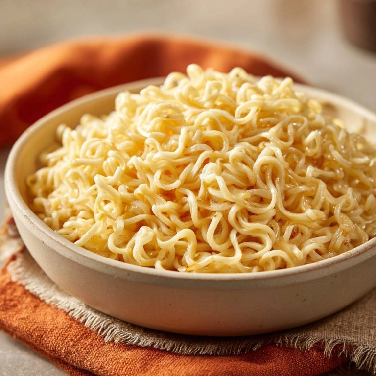 Einfache Instant Ramen in einer Schüssel, detailreiche Nahaufnahme der gekochten Nudeln mit leicht glänzender Sauce.