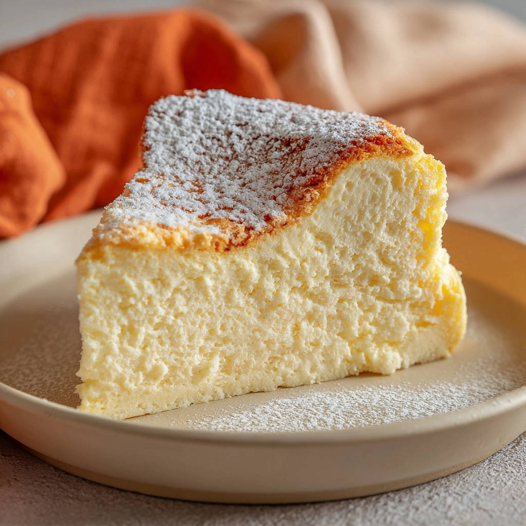 Japanischer Soufflé-Käsekuchen angeschnitten auf einem Teller, bestäubt mit Puderzucker und mit leicht gebräunter Oberfläche.
