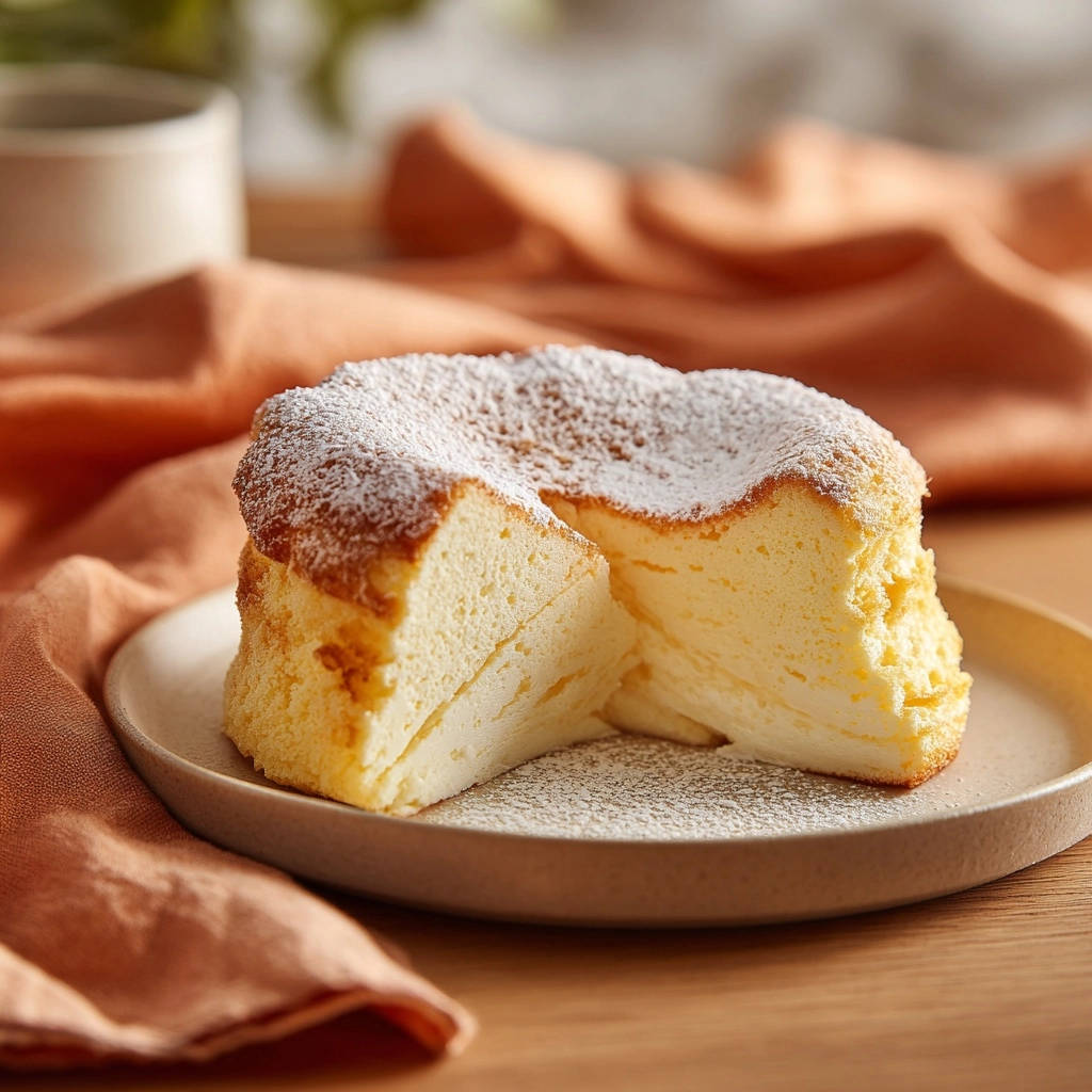 Japanischer Soufflé-Käsekuchen angeschnitten auf einem Teller, mit Puderzucker bestäubt und auf einer Serviette serviert.