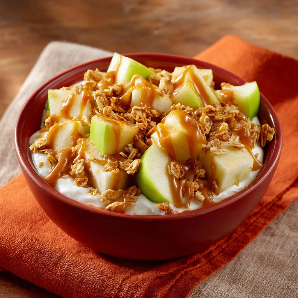 Joghurt Bowl mit Karamellsauce, garniert mit Apfelstücken und Granola, im Detail auf einem orangefarbenen Tuch angerichtet.
