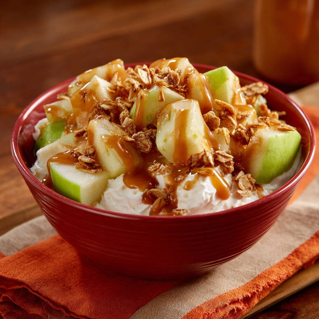 Joghurt Bowl mit Karamellsauce, garniert mit Apfelstücken und Granola, nahaufnahme der cremigen Textur