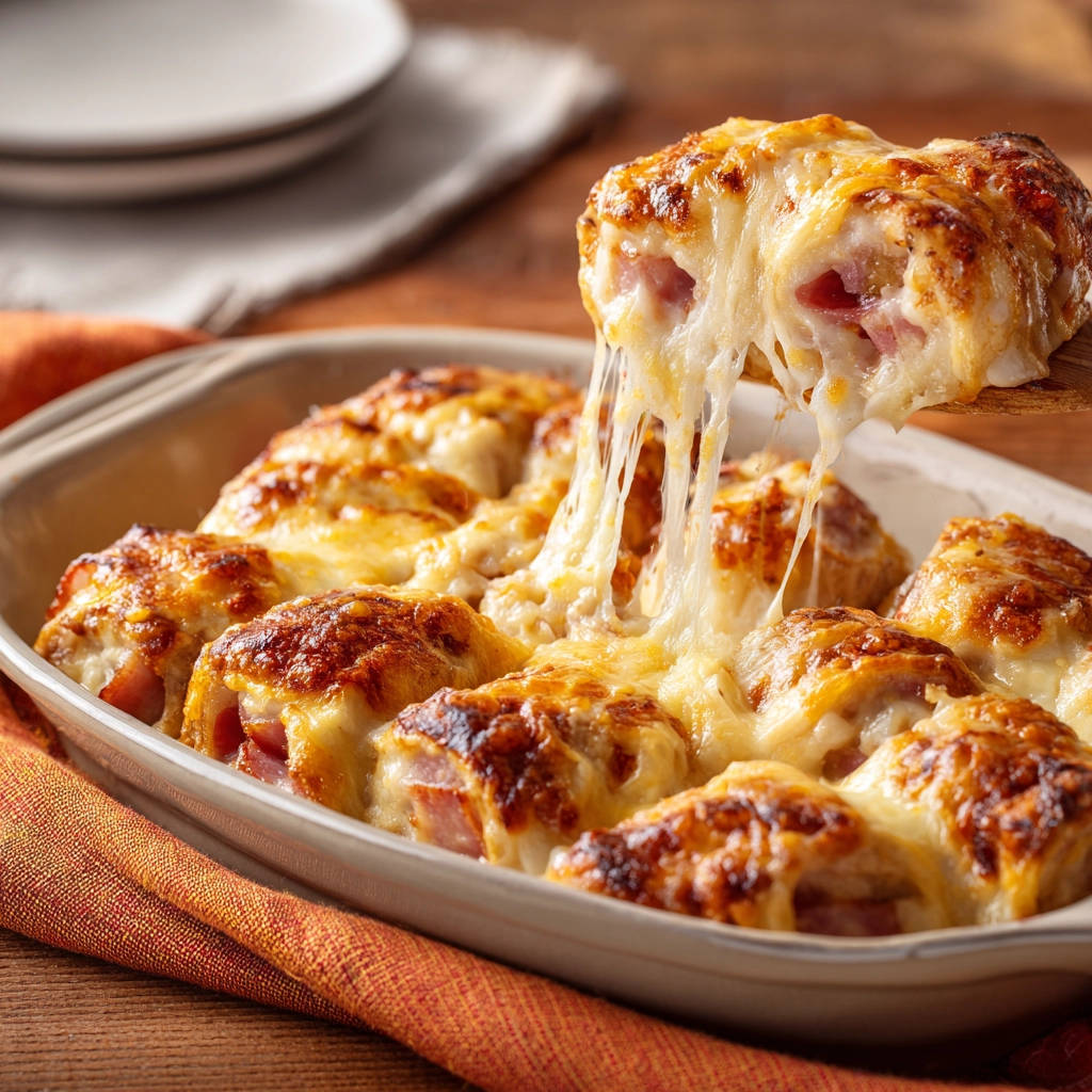 Herzhafte Käse-Schinken-Rollen mit geschmolzenem Käse, der beim Anheben Fäden zieht, aus einer Auflaufform serviert.