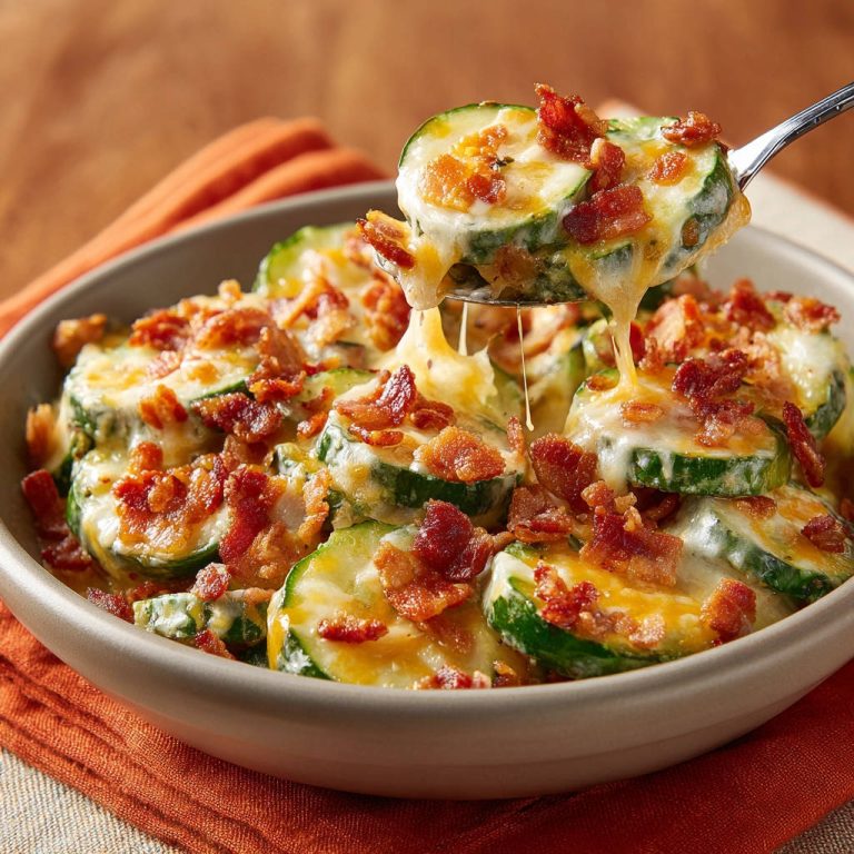Käse-Zucchini mit Speck, eine Nahaufnahme mit geschmolzenem Käse und knusprigem Speck, der von einer Gabel gehoben wird.