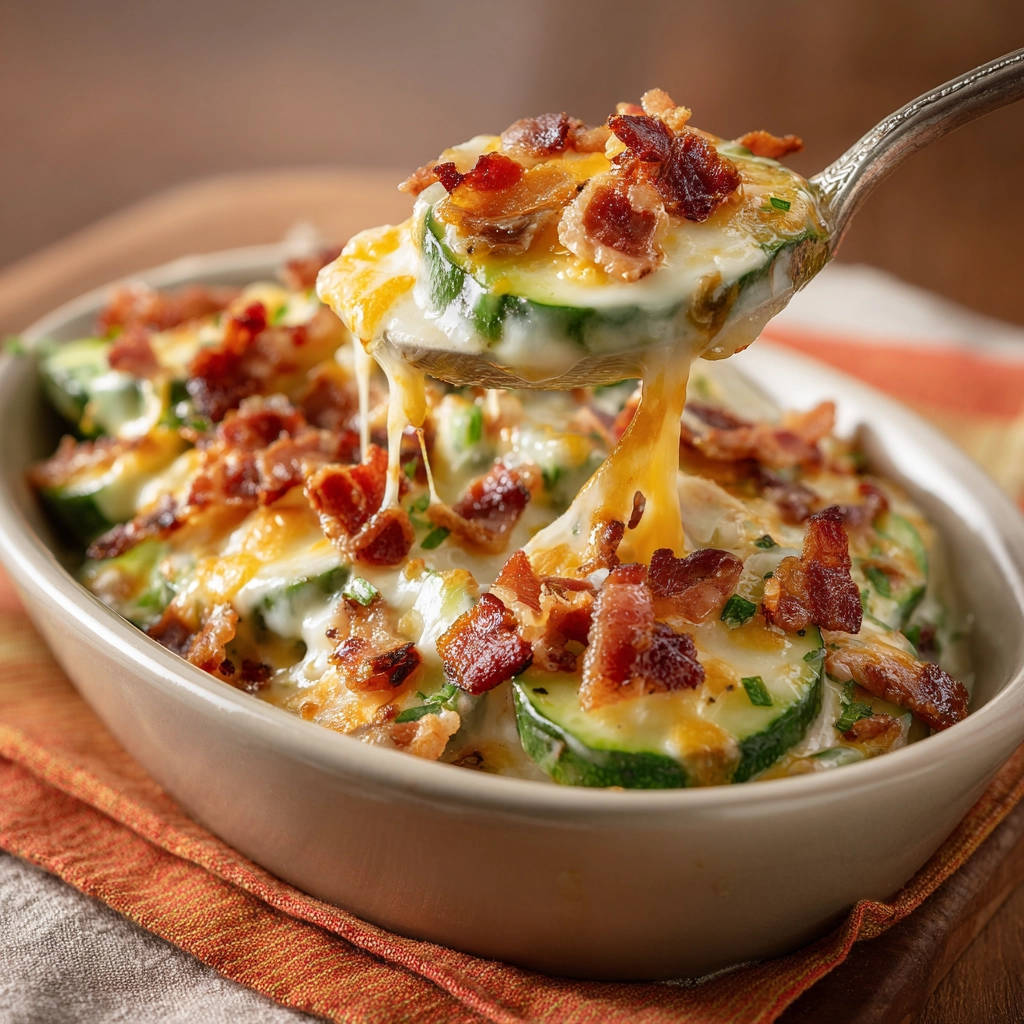 Käse-Zucchini mit Speck, von einem Löffel mit geschmolzenem Käse und knusprigem Speck, nah aufgenommen.